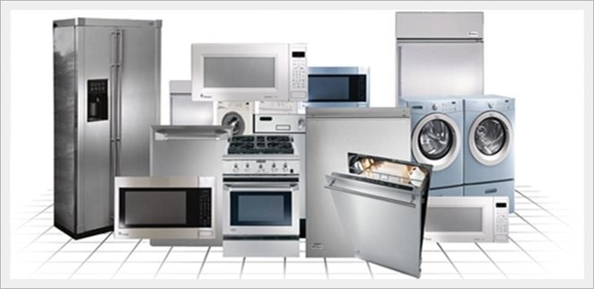 Refrigerator, stove, washer, dryer appliances in a group